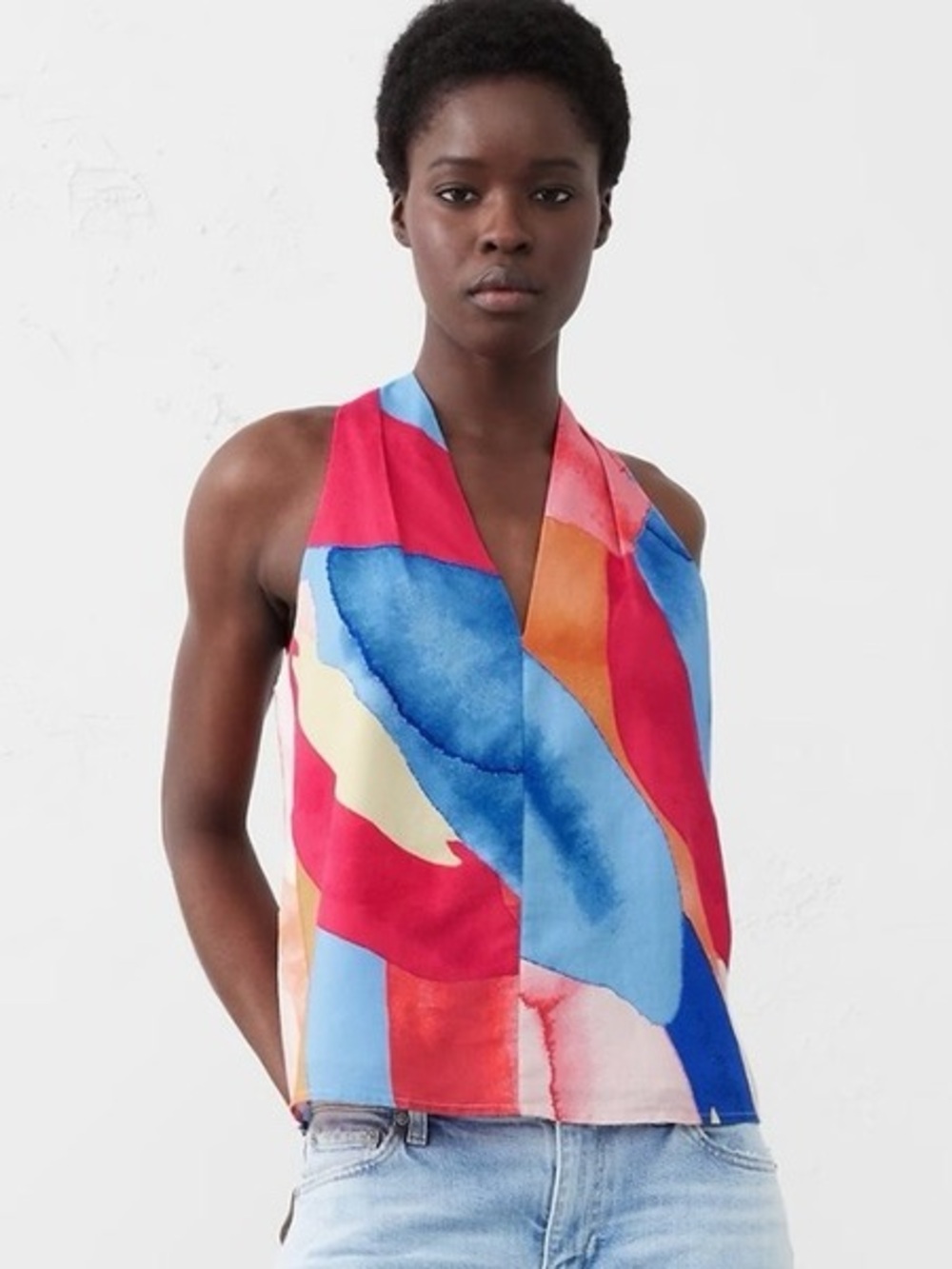 Banana Republic colorful artsy abstract summer open racerback linen blend Tank S